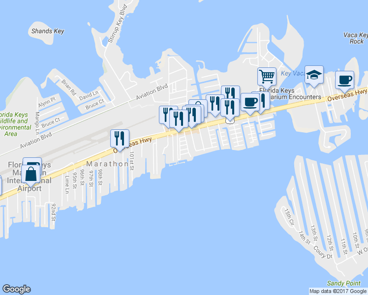 map of restaurants, bars, coffee shops, grocery stores, and more near 429 109th Street Ocean in Marathon