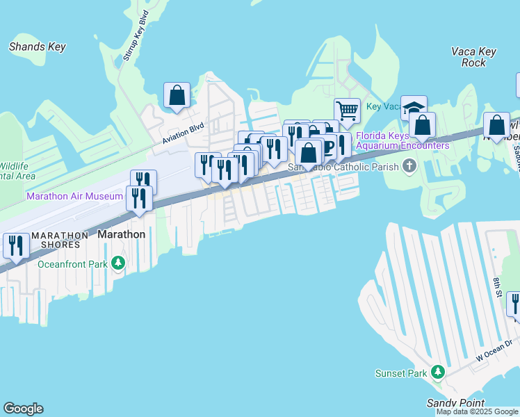 map of restaurants, bars, coffee shops, grocery stores, and more near 544 110th Street Ocean in Marathon