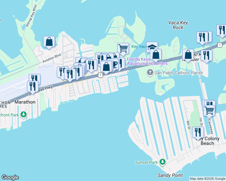 map of restaurants, bars, coffee shops, grocery stores, and more near 11683 6th Avenue Ocean in Marathon