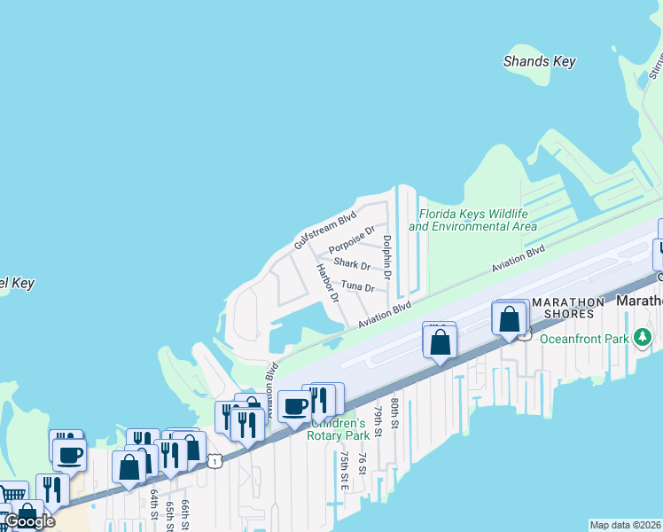 map of restaurants, bars, coffee shops, grocery stores, and more near 7933 Shark Drive in Marathon