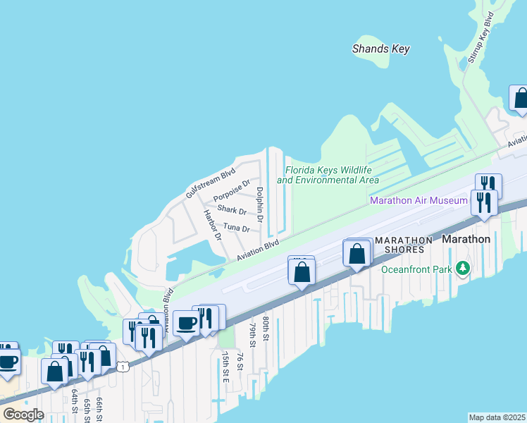 map of restaurants, bars, coffee shops, grocery stores, and more near 2110 Dolphin Drive in Marathon
