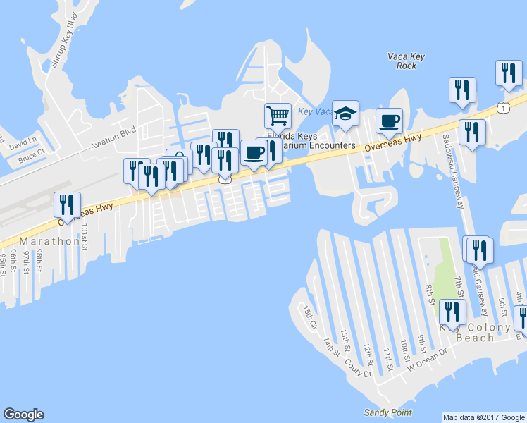 map of restaurants, bars, coffee shops, grocery stores, and more near 11683 6th Avenue Ocean in Marathon