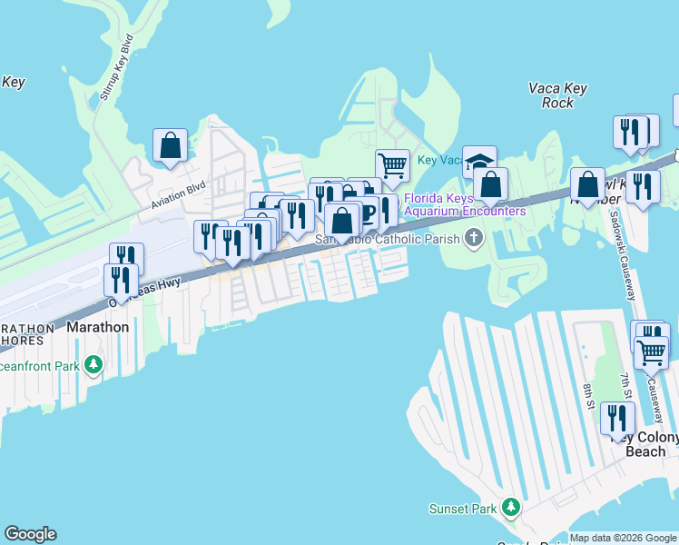 map of restaurants, bars, coffee shops, grocery stores, and more near 11491 1st Avenue Ocean in Marathon