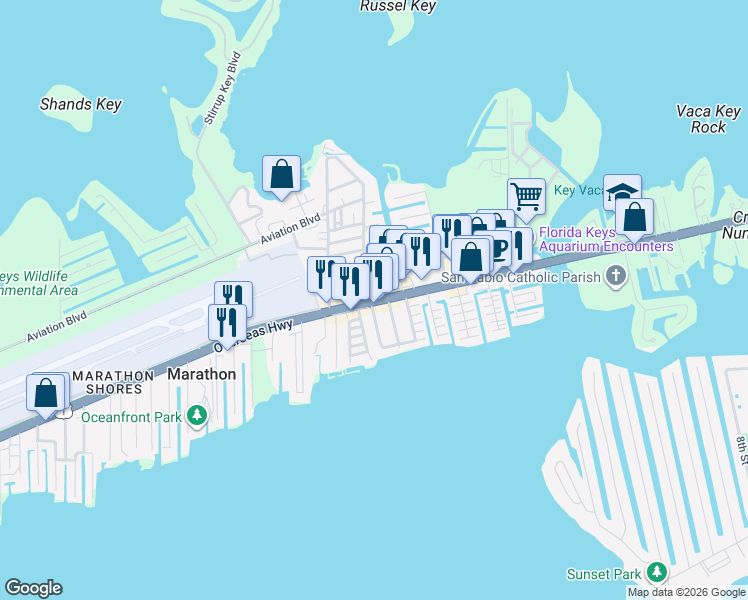 map of restaurants, bars, coffee shops, grocery stores, and more near 10870 Overseas Highway in Marathon