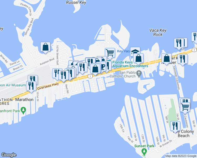 map of restaurants, bars, coffee shops, grocery stores, and more near 265 116th Street Ocean in Marathon