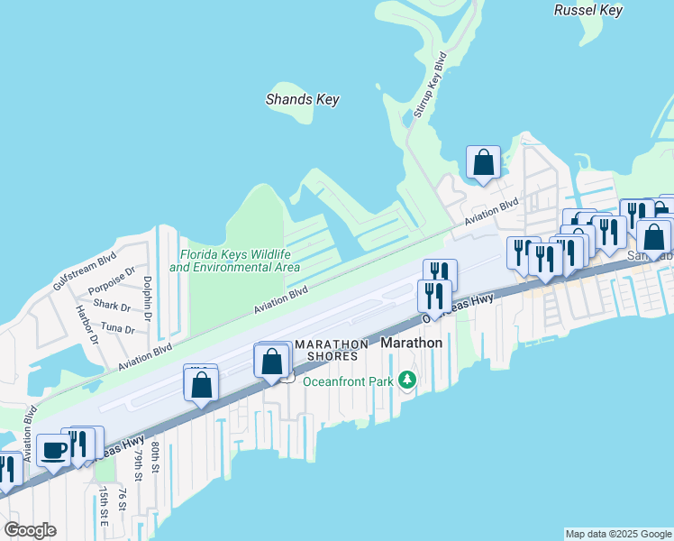 map of restaurants, bars, coffee shops, grocery stores, and more near 9502 Aviation Boulevard in Marathon