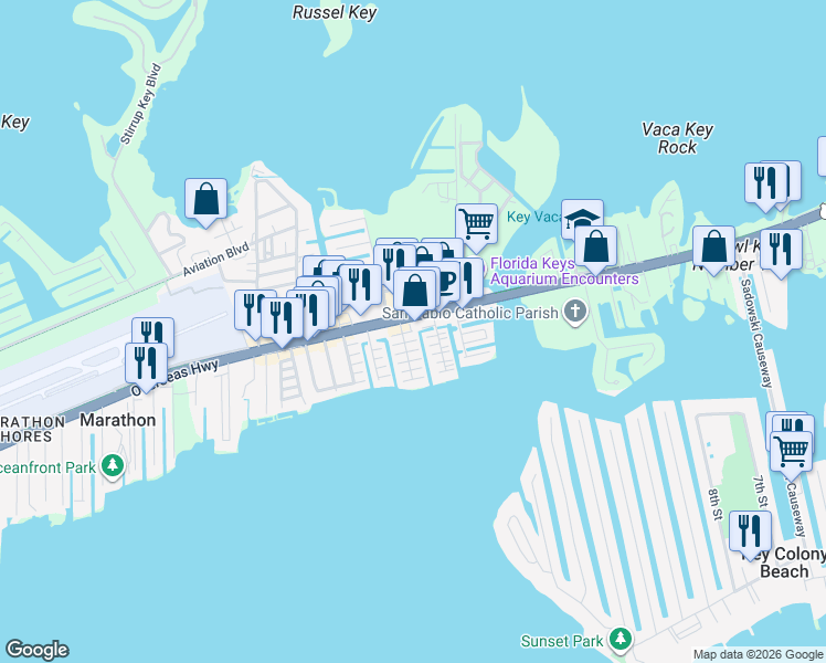 map of restaurants, bars, coffee shops, grocery stores, and more near 11491 1st Avenue Ocean in Marathon