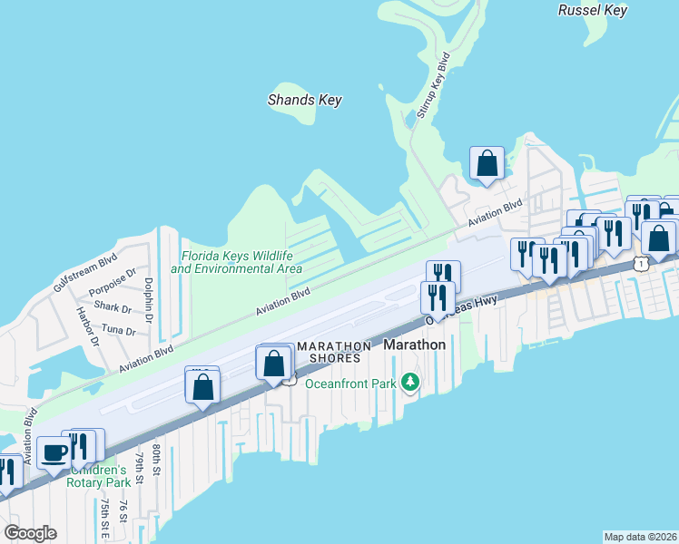 map of restaurants, bars, coffee shops, grocery stores, and more near 9502 Aviation Boulevard in Marathon