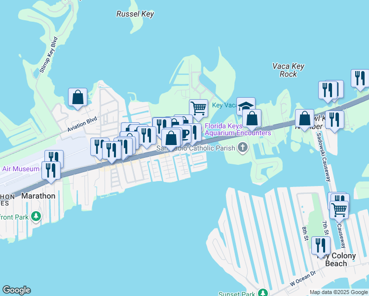 map of restaurants, bars, coffee shops, grocery stores, and more near 11600 Overseas Highway in Marathon