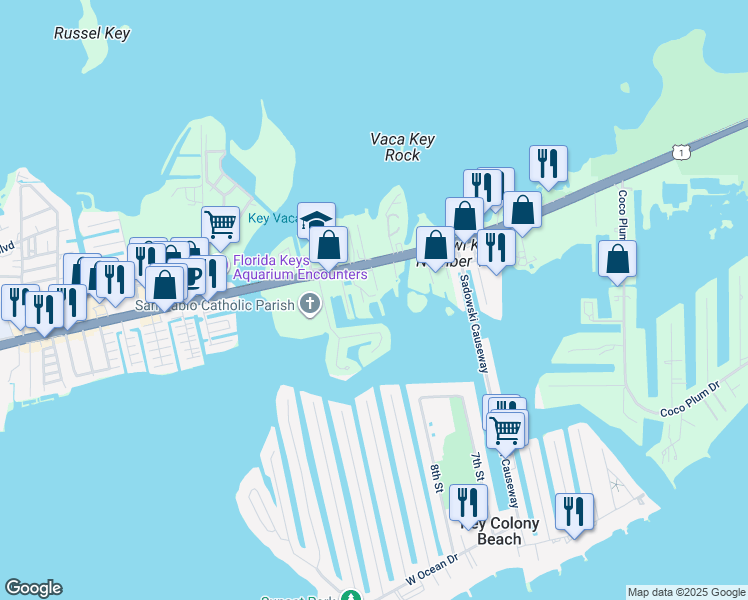 map of restaurants, bars, coffee shops, grocery stores, and more near 12411 Overseas Highway in Marathon
