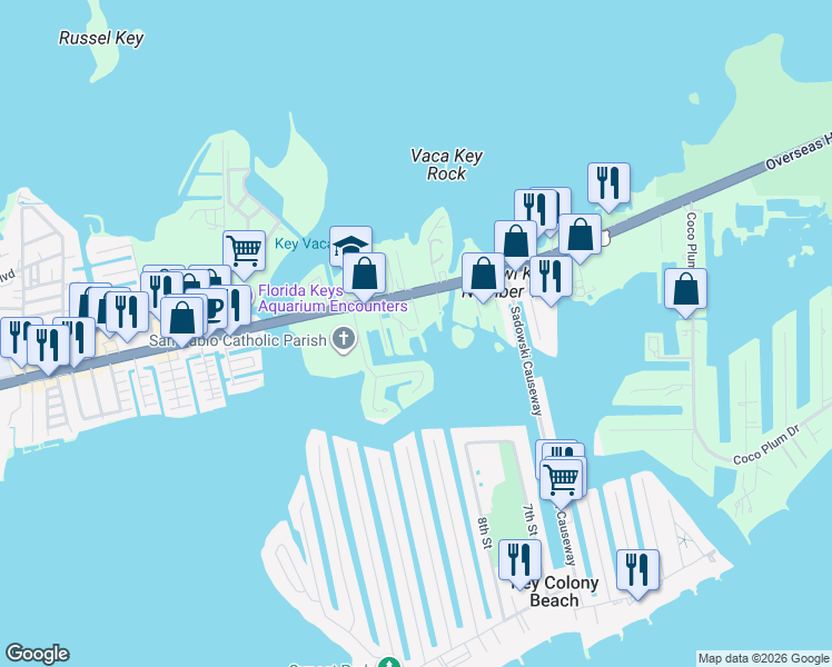 map of restaurants, bars, coffee shops, grocery stores, and more near 12411 Overseas Highway in Marathon