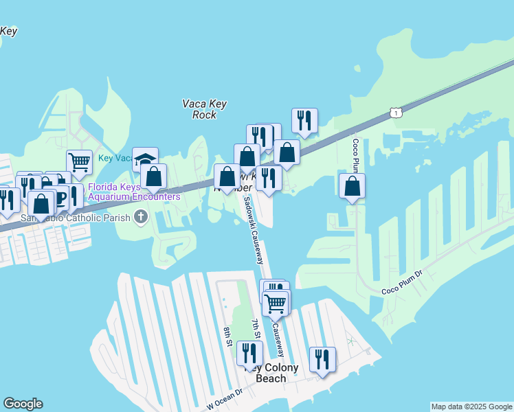 map of restaurants, bars, coffee shops, grocery stores, and more near 77 Coral Lane in Key Colony Beach