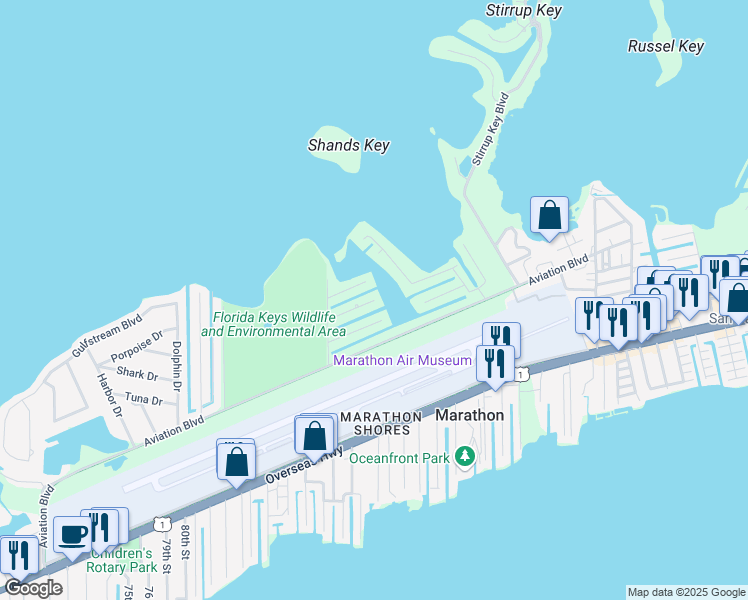 map of restaurants, bars, coffee shops, grocery stores, and more near 117 Gulfwinds Lane in Marathon