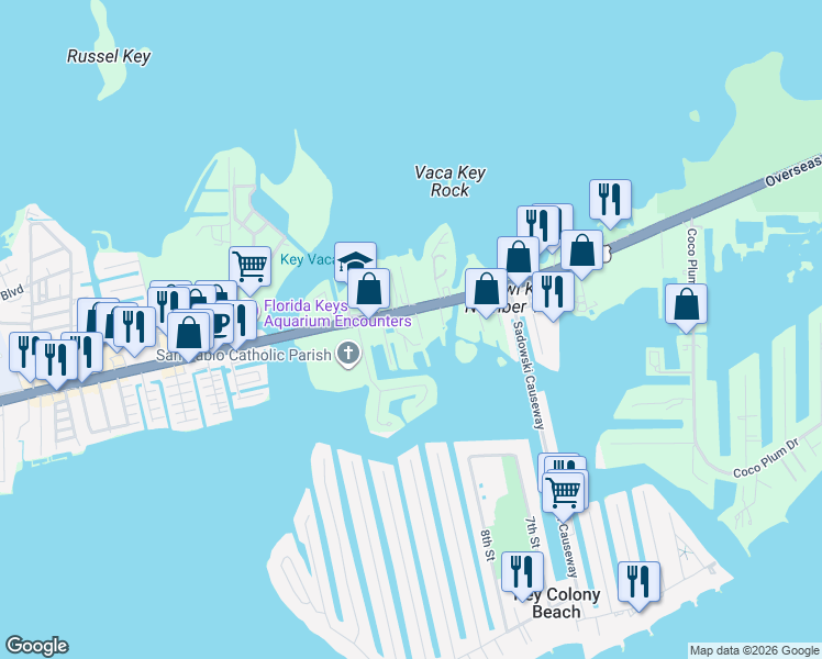 map of restaurants, bars, coffee shops, grocery stores, and more near 12411 Overseas Highway in Marathon