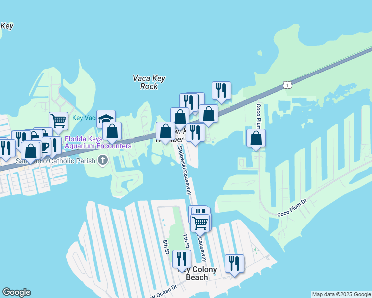 map of restaurants, bars, coffee shops, grocery stores, and more near 77 Coral Lane in Key Colony Beach