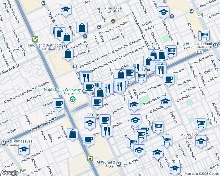 map of restaurants, bars, coffee shops, grocery stores, and more near King Abdullah Road in Riyadh