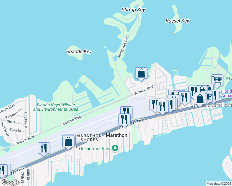 map of restaurants, bars, coffee shops, grocery stores, and more near 112 Channel Drive in Marathon