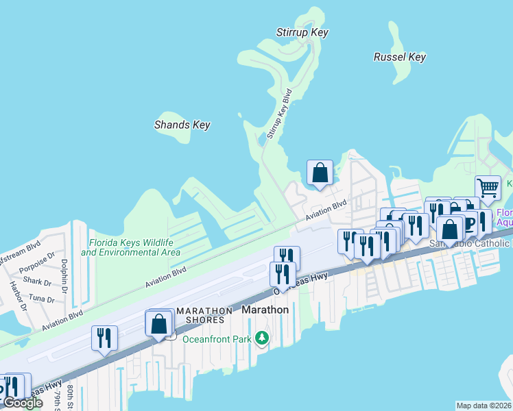 map of restaurants, bars, coffee shops, grocery stores, and more near 112 Channel Drive in Marathon
