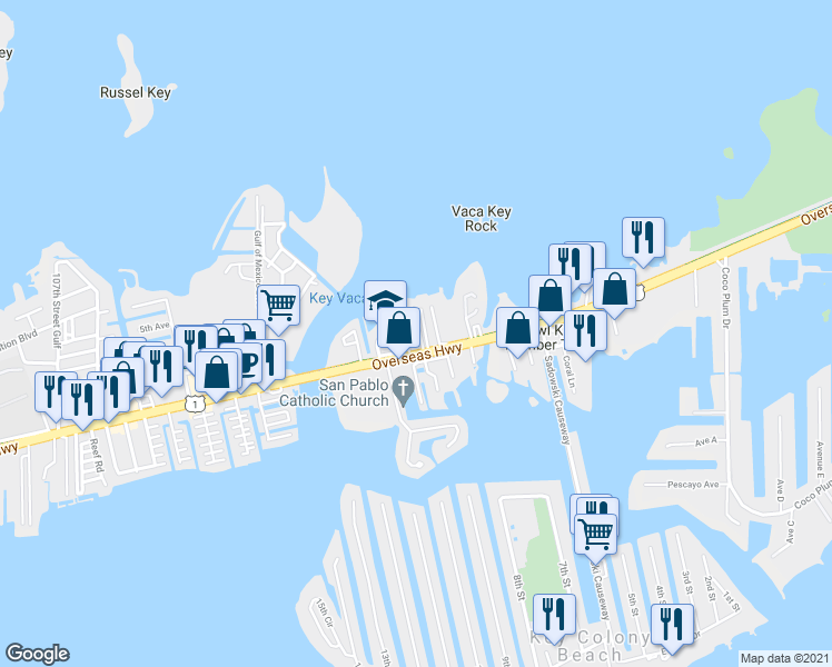 map of restaurants, bars, coffee shops, grocery stores, and more near 303 124th Street Gulf in Marathon