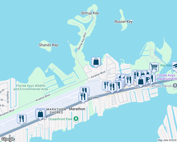 map of restaurants, bars, coffee shops, grocery stores, and more near 111 Stirrup Key Woods Road in Marathon