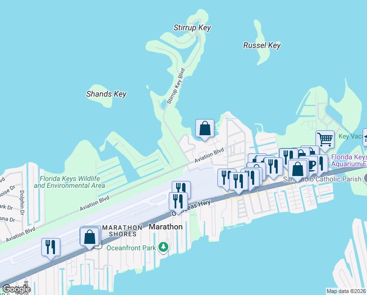 map of restaurants, bars, coffee shops, grocery stores, and more near 22 Stirrup Key Boulevard in Marathon