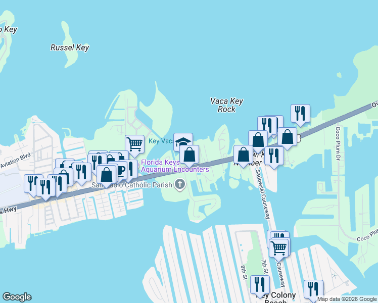 map of restaurants, bars, coffee shops, grocery stores, and more near 303 124th Street Gulf in Marathon