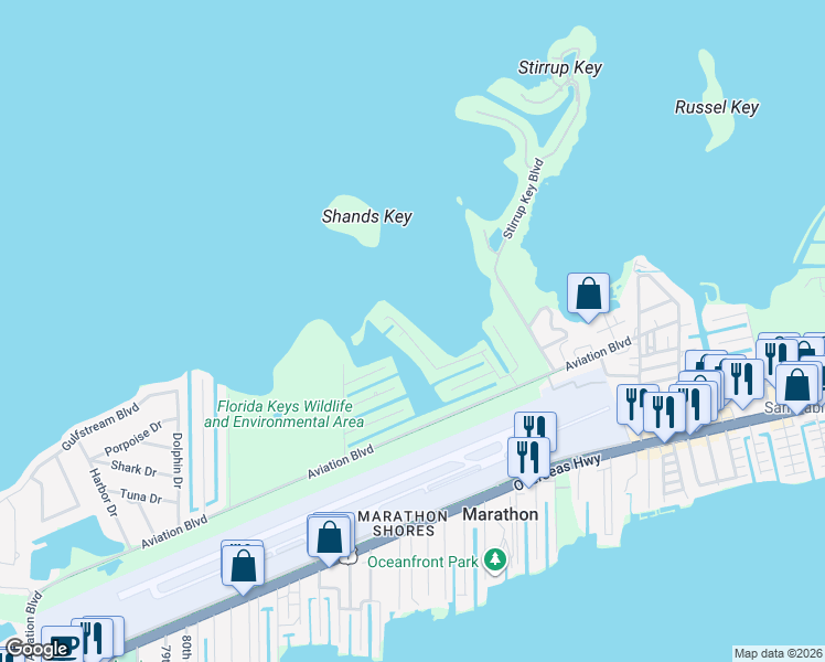 map of restaurants, bars, coffee shops, grocery stores, and more near 117 Brian Road in Marathon