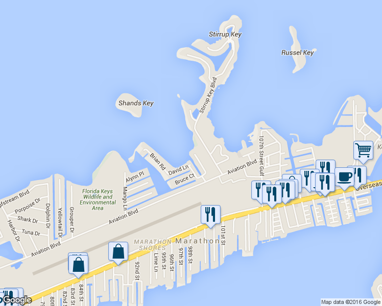map of restaurants, bars, coffee shops, grocery stores, and more near 117 Patricia Lane in Marathon