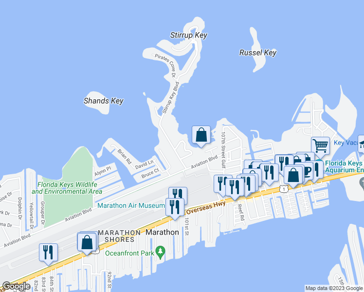 map of restaurants, bars, coffee shops, grocery stores, and more near 113 Stirrup Key Woods Road in Marathon