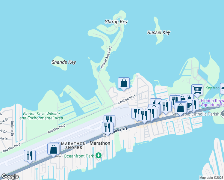 map of restaurants, bars, coffee shops, grocery stores, and more near 113 Stirrup Key Woods Road in Marathon