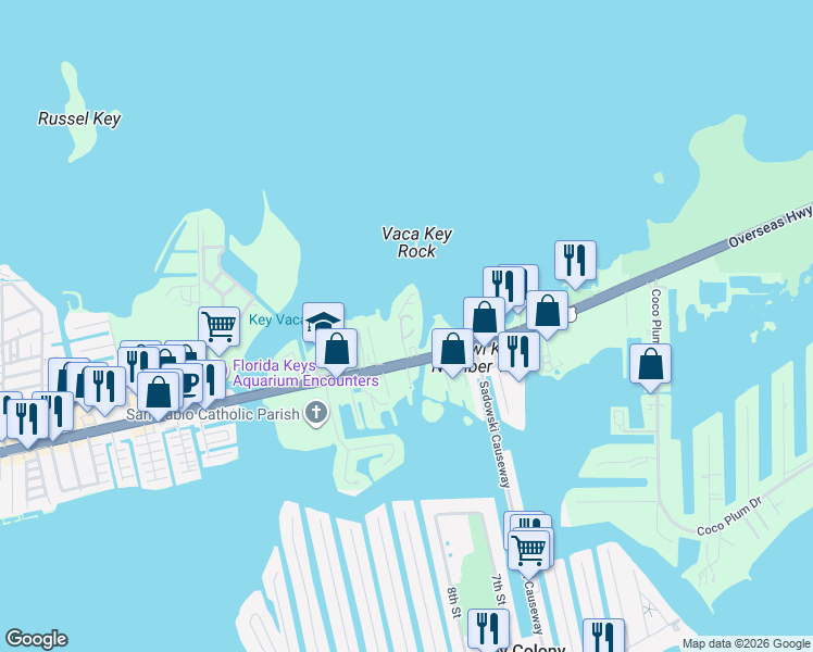 map of restaurants, bars, coffee shops, grocery stores, and more near 12690 Overseas Highway in Marathon