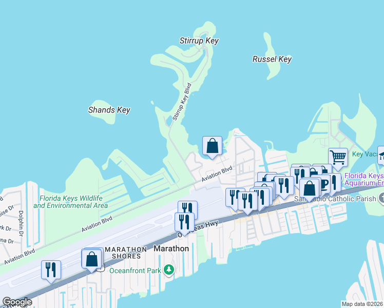 map of restaurants, bars, coffee shops, grocery stores, and more near 113 Stirrup Key Woods Road in Marathon