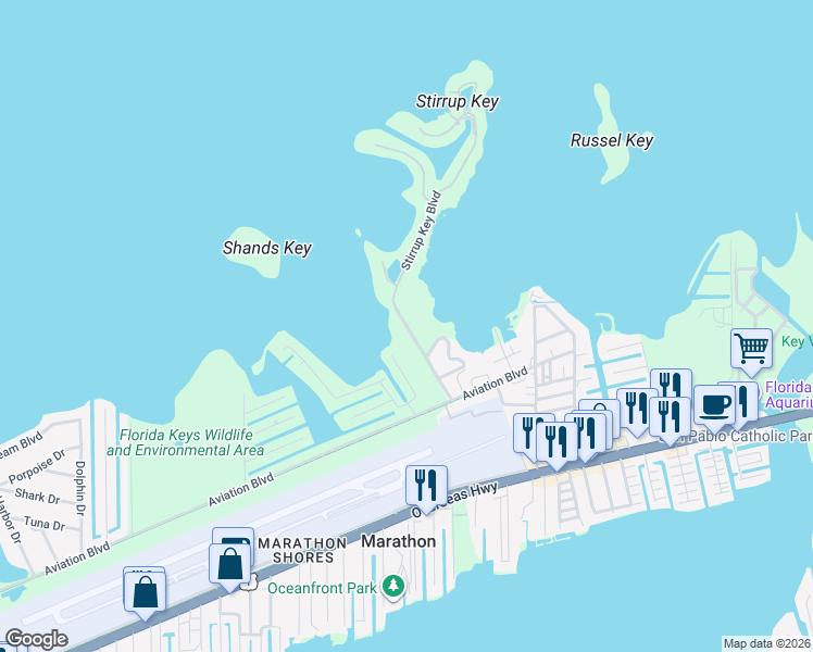 map of restaurants, bars, coffee shops, grocery stores, and more near 117 Patricia Lane in Marathon