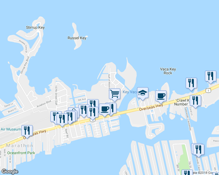 map of restaurants, bars, coffee shops, grocery stores, and more near Gulf of Mexico Boulevard in Marathon