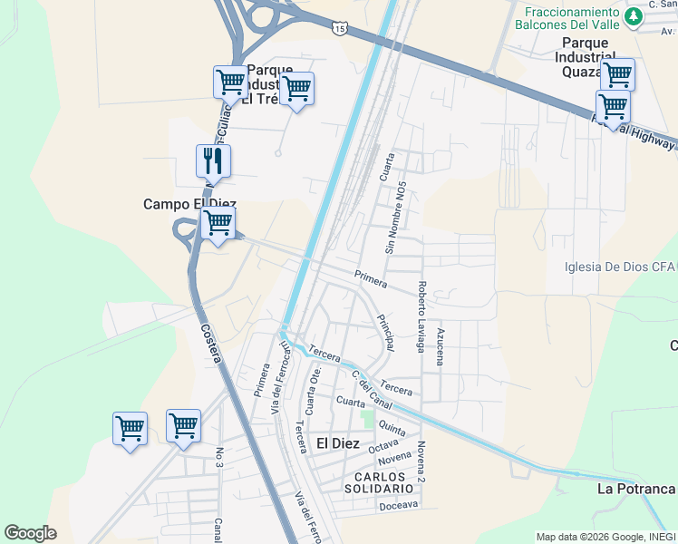 map of restaurants, bars, coffee shops, grocery stores, and more near Carretera Federal 15 de Cuota in Culiacán Rosales