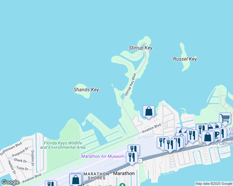 map of restaurants, bars, coffee shops, grocery stores, and more near 108 Sunset Drive in Marathon
