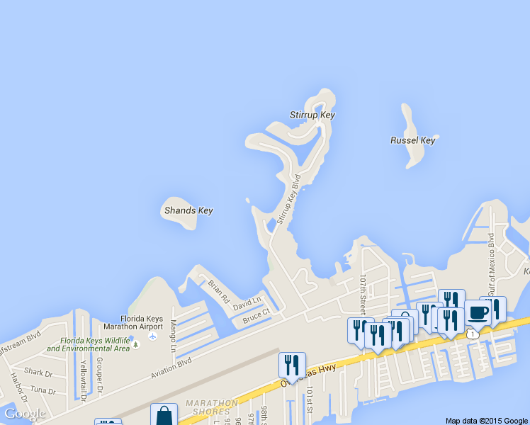 map of restaurants, bars, coffee shops, grocery stores, and more near 107 Sunset Drive in Marathon