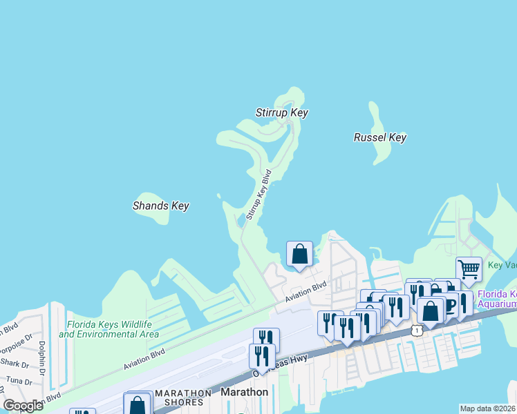 map of restaurants, bars, coffee shops, grocery stores, and more near 315 Stirrup Key Boulevard in Marathon