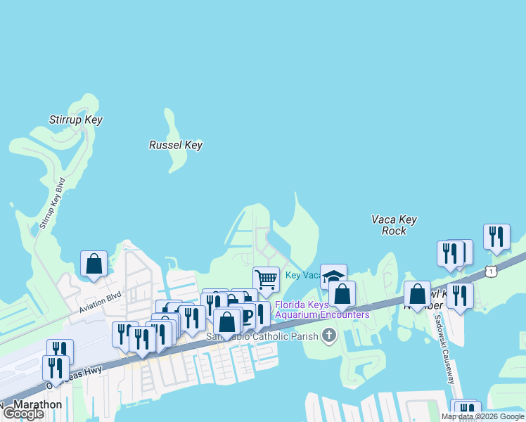 map of restaurants, bars, coffee shops, grocery stores, and more near 10001 Gulf of Mexico Boulevard in Marathon