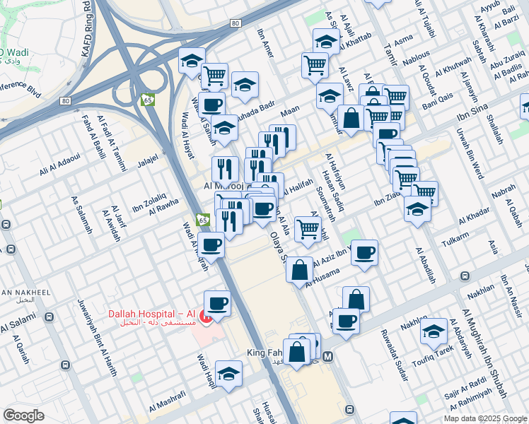 map of restaurants, bars, coffee shops, grocery stores, and more near 8898 Olaya Street in Riyadh