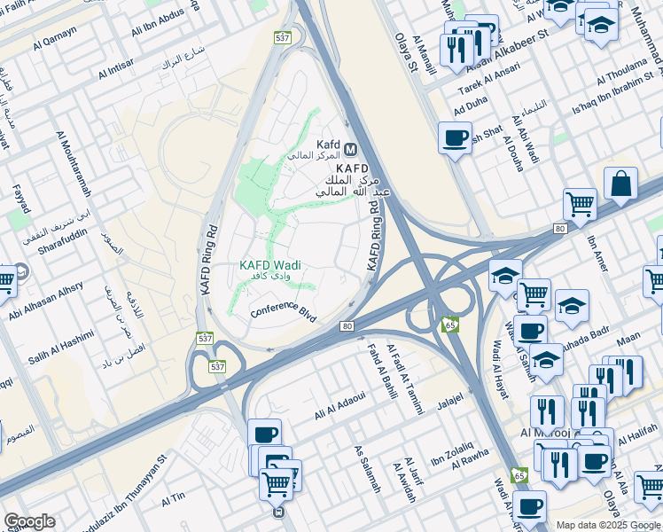 map of restaurants, bars, coffee shops, grocery stores, and more near Financial Boulevard in Riyadh