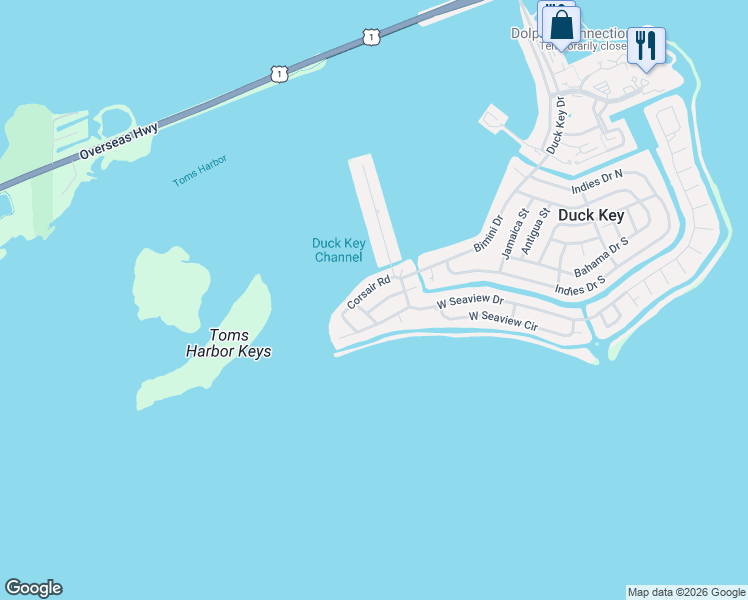 map of restaurants, bars, coffee shops, grocery stores, and more near 218 Corsair Road in Duck Key