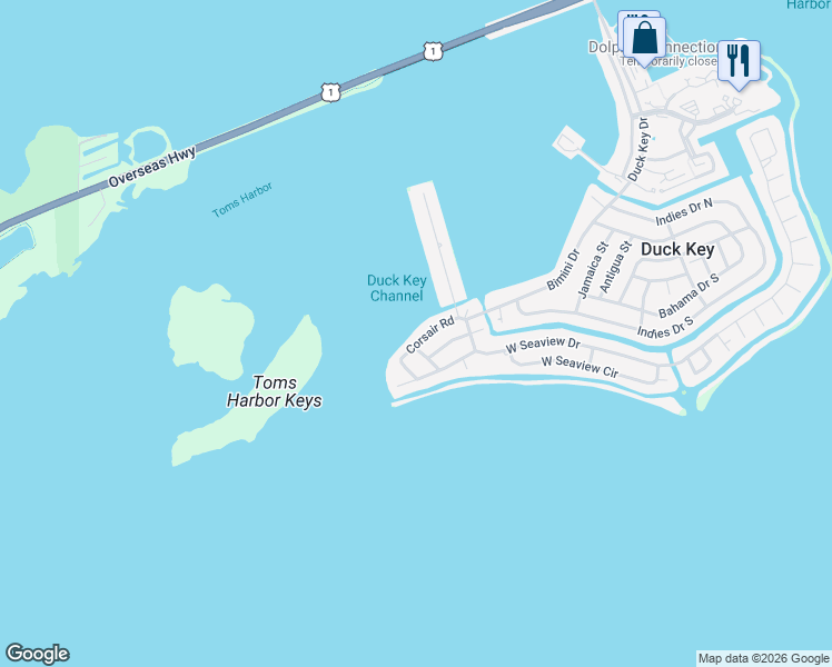 map of restaurants, bars, coffee shops, grocery stores, and more near 218 Corsair Road in Duck Key