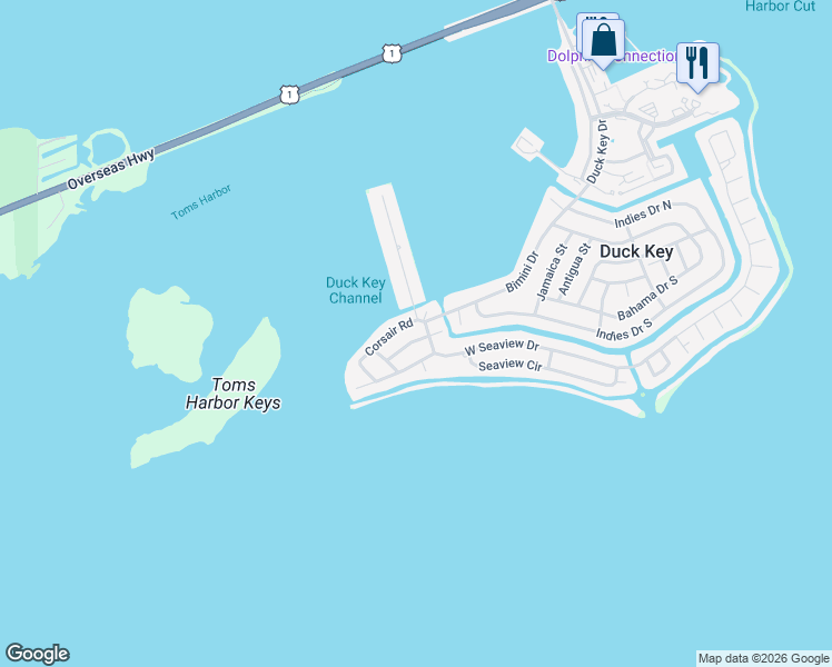 map of restaurants, bars, coffee shops, grocery stores, and more near 211 Schooner Lane in Duck Key