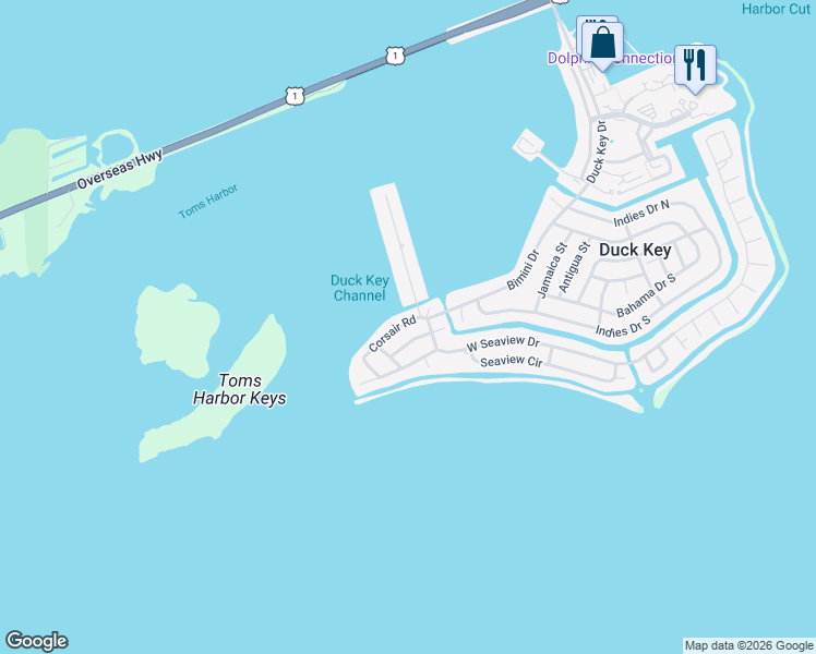 map of restaurants, bars, coffee shops, grocery stores, and more near 211 Schooner Lane in Duck Key