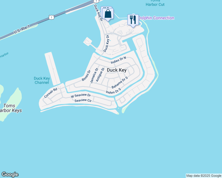 map of restaurants, bars, coffee shops, grocery stores, and more near 144 Bahama Drive South in Duck Key