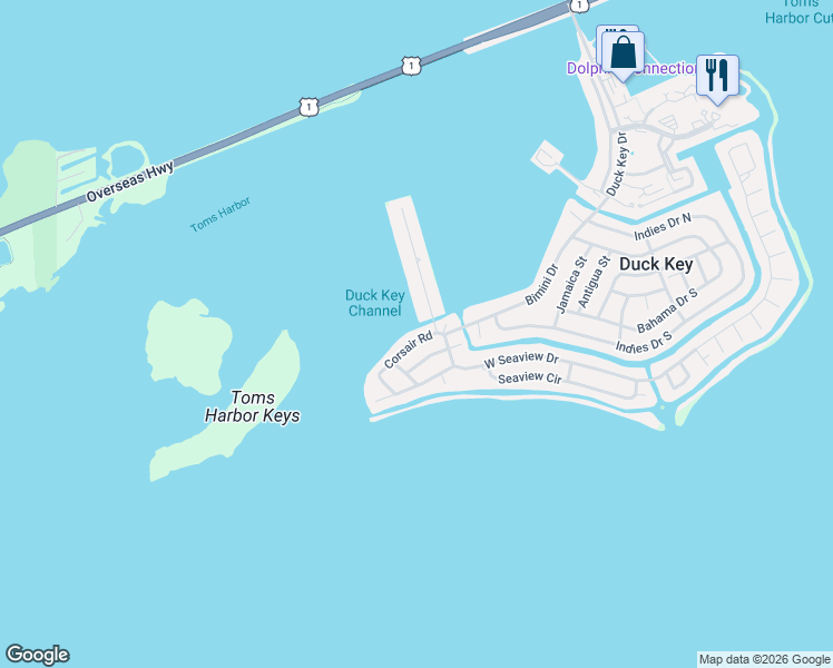 map of restaurants, bars, coffee shops, grocery stores, and more near 211 Schooner Lane in Duck Key