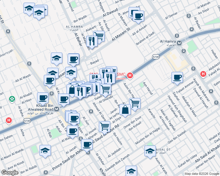 map of restaurants, bars, coffee shops, grocery stores, and more near King Abdullah Road in Riyadh