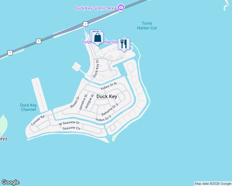 map of restaurants, bars, coffee shops, grocery stores, and more near 124 Nassau Street in Duck Key