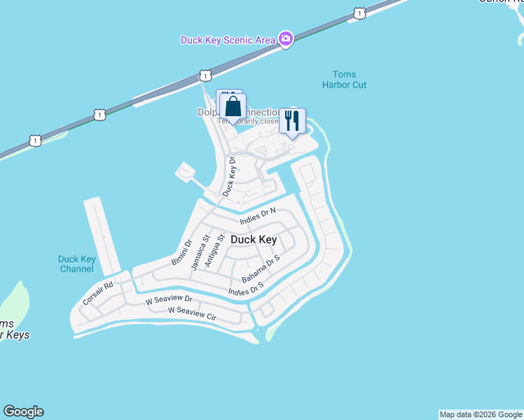 map of restaurants, bars, coffee shops, grocery stores, and more near 140 Indies Drive North in Duck Key